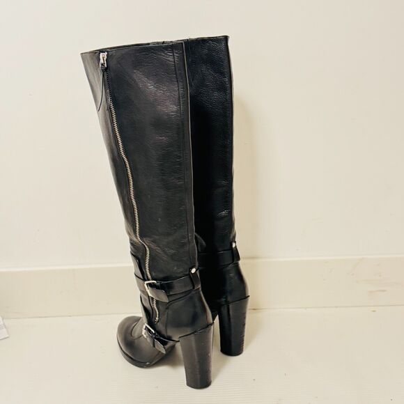 Rebecca Minkoff Boots Womens 8.5 Black Leather Moto Double Buckle Heels Billie - Picture 6 of 12